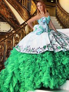 Customized Sleeveless Organza Floor Length Lace Up 15th Birthday Dress in for with Appliques and Embroidery and Ruffles