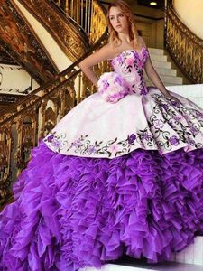 White And Purple Quinceanera Gown Military Ball and Sweet 16 and Quinceanera and For with Appliques and Embroidery Sweetheart Sleeveless Lace Up