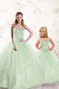 Cute Beading 15th Birthday Dress Apple Green Lace Up Sleeveless Floor Length