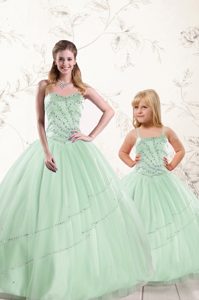 Sleeveless Tulle Floor Length Lace Up Ball Gown Prom Dress in Apple Green for with Beading