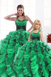 Trendy Green Lace Up Quinceanera Gowns Beading and Appliques and Ruffles Sleeveless Floor Length