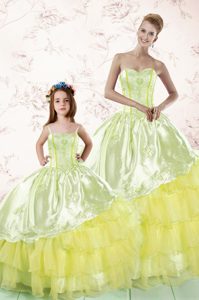 Light Yellow Sleeveless Embroidery and Ruffled Layers Floor Length 15th Birthday Dress