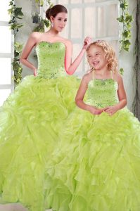 Best Yellow Green Organza Lace Up Ball Gown Prom Dress Sleeveless Floor Length Beading and Ruffles