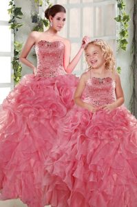 Smart Rose Pink Ball Gowns Organza Strapless Sleeveless Beading and Ruffles Floor Length Lace Up Quinceanera Dresses