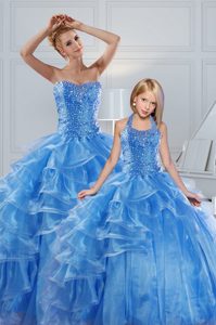 Floor Length Lace Up Ball Gown Prom Dress Baby Blue and In for Military Ball and Sweet 16 and Quinceanera with Beading and Ruffled Layers