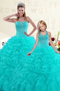 Dramatic Ball Gowns Quinceanera Gown Turquoise One Shoulder Organza Sleeveless Floor Length Lace Up