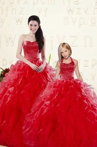 Perfect Coral Red Sleeveless Floor Length Beading and Ruffles Lace Up Quince Ball Gowns