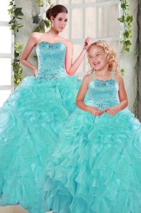 Deluxe Turquoise Organza Lace Up Sweetheart Sleeveless Floor Length Vestidos de Quinceanera Beading and Ruffles