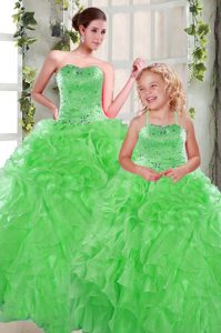 Floor Length Lace Up Quinceanera Dresses Green and In for Military Ball and Sweet 16 and Quinceanera with Beading and Ruffles