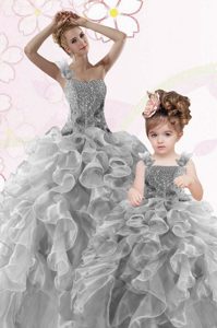 Flirting One Shoulder Grey Sleeveless Organza Lace Up Quince Ball Gowns for Military Ball and Sweet 16 and Quinceanera