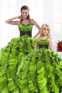 Olive Green Lace Up Sweetheart Beading and Appliques and Ruffles Quince Ball Gowns Organza Sleeveless