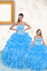 Attractive Baby Blue Sleeveless Floor Length Beading and Ruffles and Pick Ups Lace Up Ball Gown Prom Dress