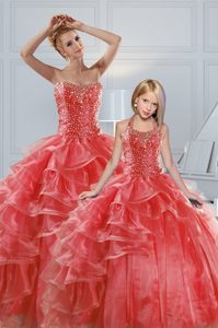 Coral Red Quince Ball Gowns Military Ball and Sweet 16 and Quinceanera and For with Beading and Ruffled Layers Sweetheart Sleeveless Lace Up