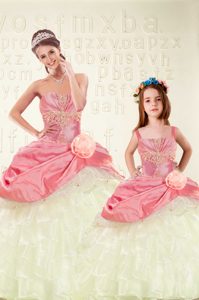 Custom Made Organza Lace Up Quinceanera Gown Sleeveless Floor Length Beading and Ruffled Layers