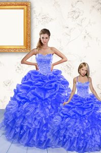 Customized Royal Blue Lace Up Spaghetti Straps Beading and Ruffles and Pick Ups Quinceanera Dress Organza Sleeveless