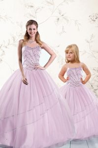 Decent Lilac Tulle Lace Up Ball Gown Prom Dress Sleeveless Floor Length Beading