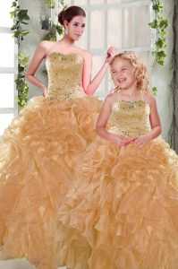 Orange Ball Gowns Organza Strapless Sleeveless Beading and Ruffles Floor Length Lace Up 15th Birthday Dress