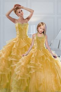 Fitting Gold Sleeveless Beading and Ruffled Layers Floor Length Vestidos de Quinceanera