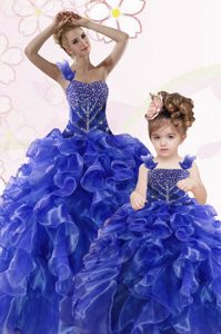 Royal Blue Lace Up One Shoulder Beading and Ruffles Vestidos de Quinceanera Organza Sleeveless