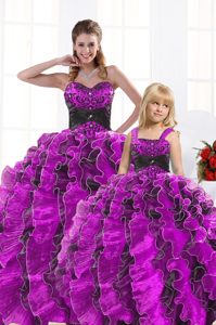 Attractive Fuchsia Organza Lace Up Sweetheart Sleeveless Floor Length Sweet 16 Dress Beading and Appliques and Ruffles