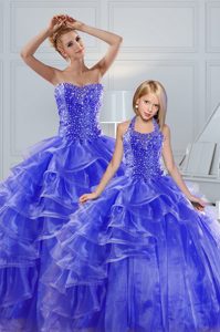 Hot Selling Blue Lace Up Sweetheart Beading and Ruffled Layers Ball Gown Prom Dress Organza Sleeveless