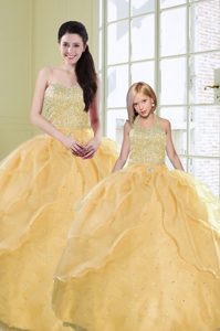 Glittering Gold Ball Gowns Organza Sweetheart Sleeveless Beading and Sequins Floor Length Lace Up Quinceanera Dress