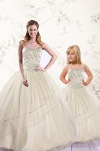 Sweetheart Sleeveless Lace Up Quinceanera Dress Champagne Tulle