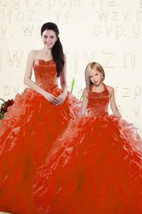 Custom Fit Red Ball Gowns Organza Sweetheart Long Sleeves Beading and Ruffles Floor Length Lace Up 15 Quinceanera Dress