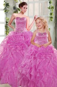 Lilac Lace Up Strapless Beading and Ruffles Sweet 16 Dresses Organza Sleeveless