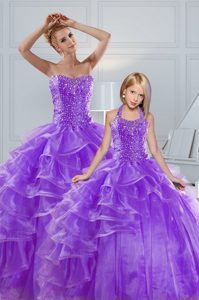 Lavender Organza Lace Up Sweetheart Sleeveless Floor Length Quinceanera Dresses Beading and Ruffled Layers