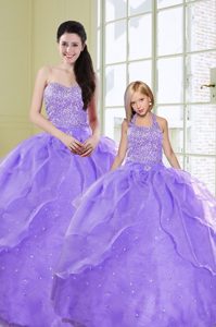 Lavender Sleeveless Floor Length Beading Lace Up Sweet 16 Quinceanera Dress