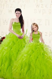 Yellow Green Organza Lace Up Vestidos de Quinceanera Sleeveless Floor Length Beading and Ruffles