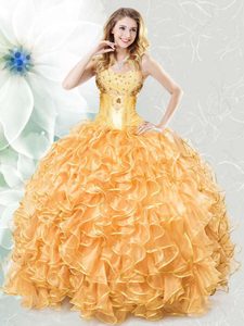 Shining Gold Organza Lace Up Quinceanera Gowns Sleeveless Floor Length Beading and Ruffles