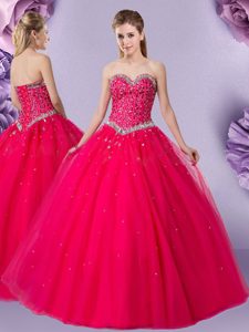 Cheap Coral Red Tulle Lace Up Sweetheart Sleeveless Floor Length Vestidos de Quinceanera Beading