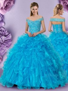 Perfect Baby Blue Off The Shoulder Lace Up Beading and Lace and Ruffles Vestidos de Quinceanera Sleeveless