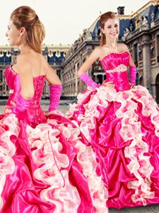 Sleeveless Organza and Taffeta Floor Length Lace Up Sweet 16 Quinceanera Dress in Hot Pink for with Beading and Ruffles and Pick Ups