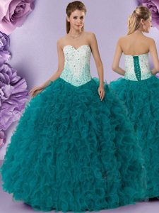 Artistic Teal Sleeveless Floor Length Beading and Ruffles Lace Up Sweet 16 Dress