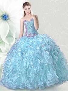 Light Blue Organza Lace Up Sweetheart Sleeveless Floor Length Sweet 16 Quinceanera Dress Beading and Ruffles