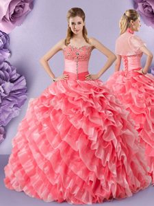 Lace Quinceanera Dresses Watermelon Red Lace Up Sleeveless Floor Length