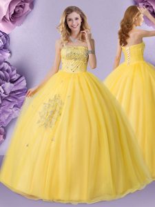 Clearance Gold Vestidos de Quinceanera Military Ball and Sweet 16 and Quinceanera and For with Beading Strapless Sleeveless Lace Up