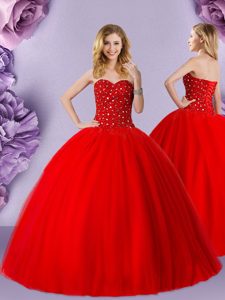 Romantic Floor Length Lace Up Quinceanera Gowns Red and In for Military Ball and Sweet 16 and Quinceanera with Beading