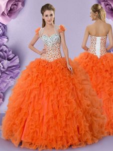 Orange Red Sleeveless Tulle Lace Up Quinceanera Dress for Military Ball and Sweet 16 and Quinceanera