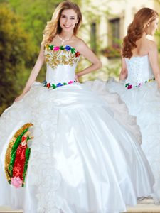 White Quinceanera Gown Military Ball and Sweet 16 and Quinceanera and For with Beading and Appliques and Ruffles Sweetheart Sleeveless Lace Up