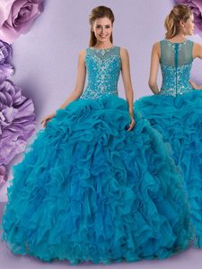 High End Scoop Teal Ball Gowns Beading and Ruffles 15 Quinceanera Dress Zipper Organza Sleeveless Floor Length