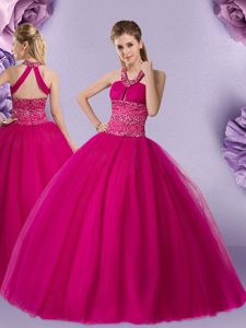 Ball Gowns 15 Quinceanera Dress Fuchsia Halter Top Tulle Sleeveless Floor Length Lace Up