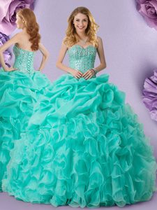 Sleeveless Floor Length Beading and Ruffles and Pick Ups Lace Up Quince Ball Gowns with Turquoise