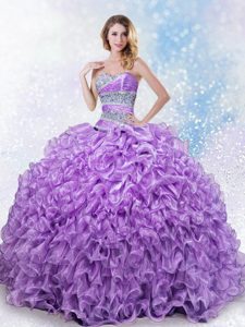 Hot Sale Lavender Organza Lace Up Sweetheart Sleeveless Floor Length Sweet 16 Quinceanera Dress Beading and Ruffles