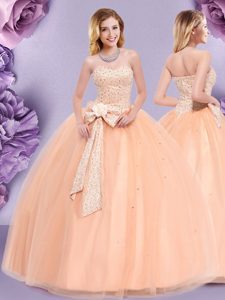 Latest Beading and Bowknot Sweet 16 Dress Peach Zipper Sleeveless Floor Length