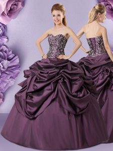 High Quality Purple Ball Gowns Sweetheart Sleeveless Taffeta Floor Length Lace Up Embroidery and Pick Ups Vestidos de Quinceanera