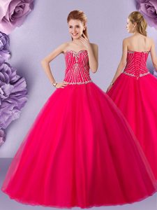 Hot Pink Ball Gowns Beading Quinceanera Gown Lace Up Tulle Sleeveless Floor Length